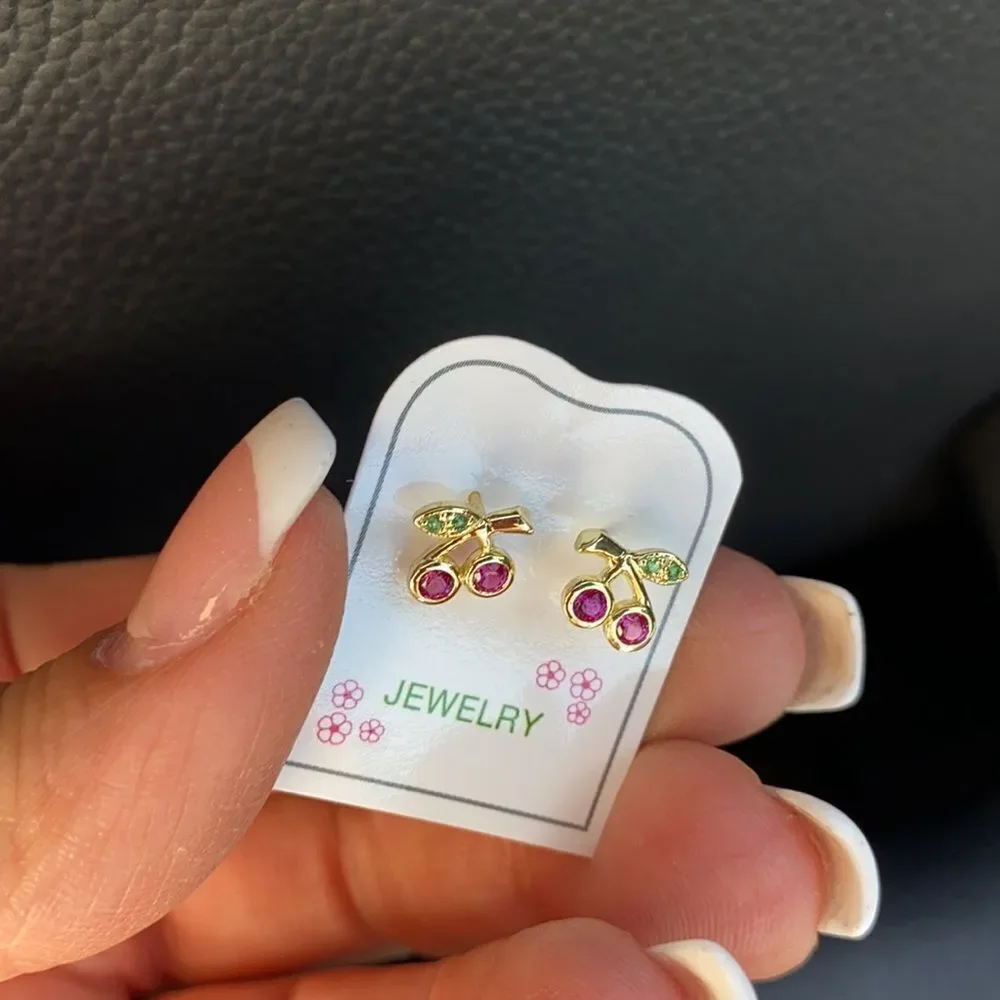 14k gold plated Cherry Enamel CZ Earrings